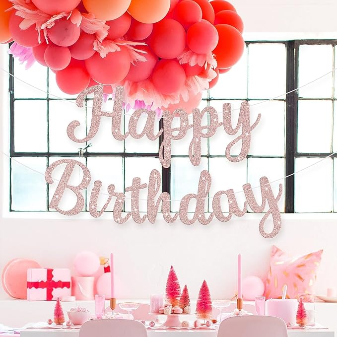 Glitter Happy Birthday Banner Sign Birthday Garland Wall Door Banners Flag for Women Men Boys Girls Party Backdrop Decorations Rose Gold