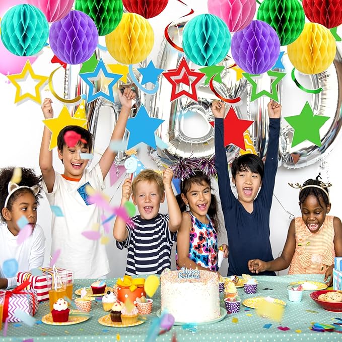 Colorful Rainbow Birthday Party Decorations Kit with Honeycomb Balls, Rainbow Stars Hanging Swirl Streamers, Circle Dots Garland, Happy Birthday Party Decorations for Women Men Boys Girls