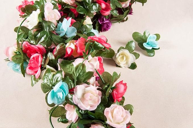 Miracliy 8Pcs 66FT Pink Flower Garland, Blue and White Artificial Rose Floral Vines Fake Hanging Spring Flower Garland for Wall Backdrop Wedding Arch Tea Party Door Mantle Decoration