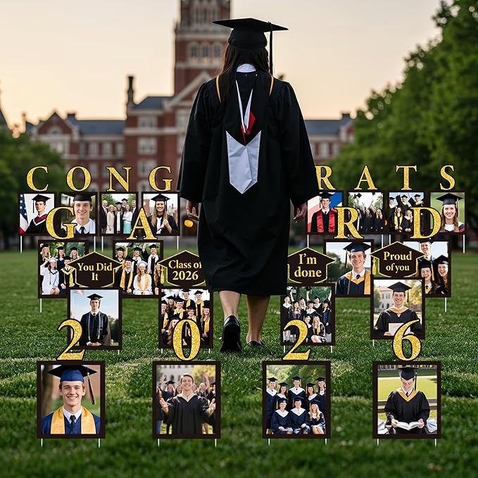 Qunclay 20 Pcs Graduation Photo Yard Sign 2026 Congrats Grad Decorations 13 x 8 Inches Class of 2026 Display Photo Yard Sign with Stakes Outdoor Graduation Pictures Display for College High School