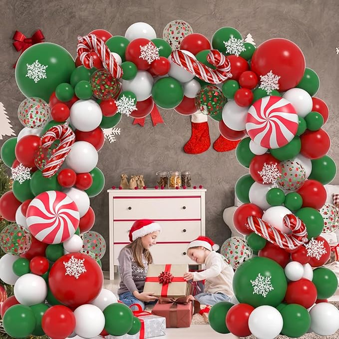 Janinus Christmas Balloons Garland Arch Kit Red Green White Balloons christmas Balloon Arch with Snowflakes Ornaments and candy foil balloons for Christmas Decorations Xmas Party Supplies