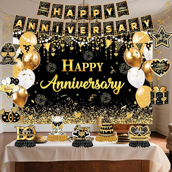 Happy Anniversary Decorations - Black Gold Wedding Party Decorations Kit, Happy Anniversary Banner, Backdrop, Hanging Swirls for Work Decorations (Black Gold)