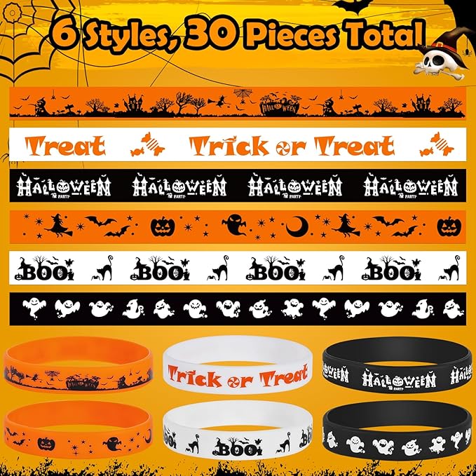 Halloween Rubber Bracelets 30 PCS Bulk Halloween Party Favors for Kids Supplies Silicone Wristbands for Gifts Toys Trick or Treat Goodie Bag Fillers Student Classroom Prizes for Kids Teens Girls Boys