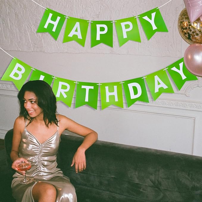 Green Happy Birthday Banner - Hanging Backdrop Sign with White Letters, Happy Birthday Sign Bunting Decorations for Women men Kids Baby Shower Party Supplies (13pcs)