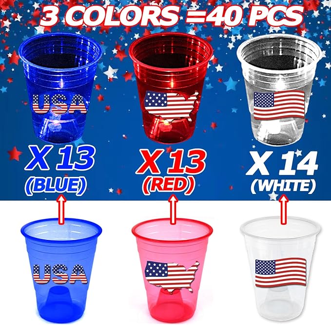 mishunyus 40 Pcs Glow Patriotic Party Decorations, 4th of July Party Cups Pack, USA Citizenship Party Supplies for Memorial Day, Independence Day, Veterans Day(16 oz)