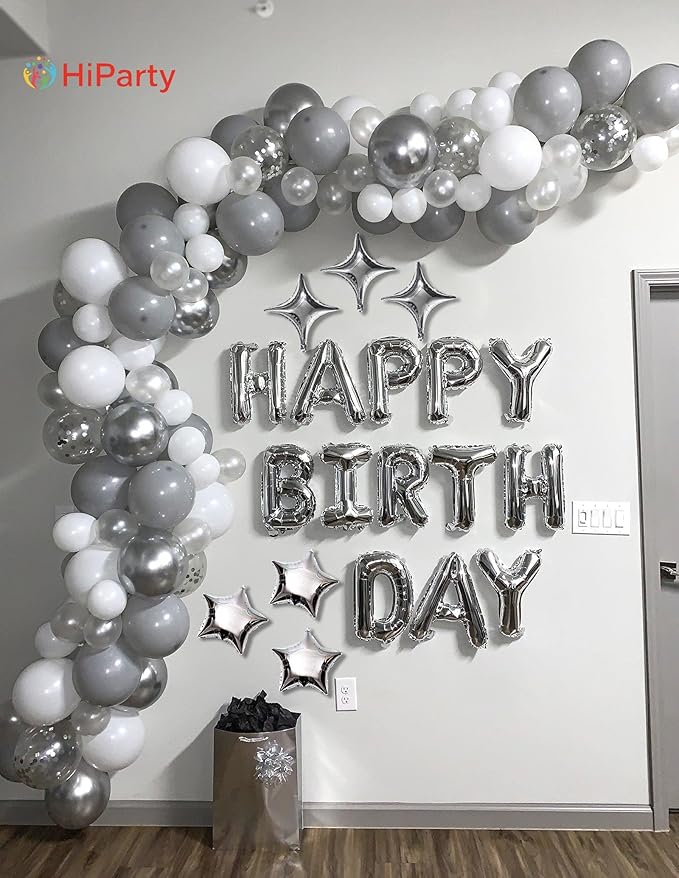 Silver Happy Birthday Balloon Banner, 16 Inch Mylar Foil Letter Birthday Balloons with 6pcs Star Balloons, Birthday Party Decorations for Kids Boys Men Adults Birthday Party Supplies