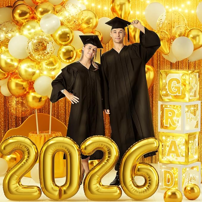 Graduation Party Decorations Class of 2026, 86PCS White & Gold Graduation Party Supplies High School College Grad Balloon Boxes with Letter, Foil Curtain, LED String Light, Balloon Garland Kit