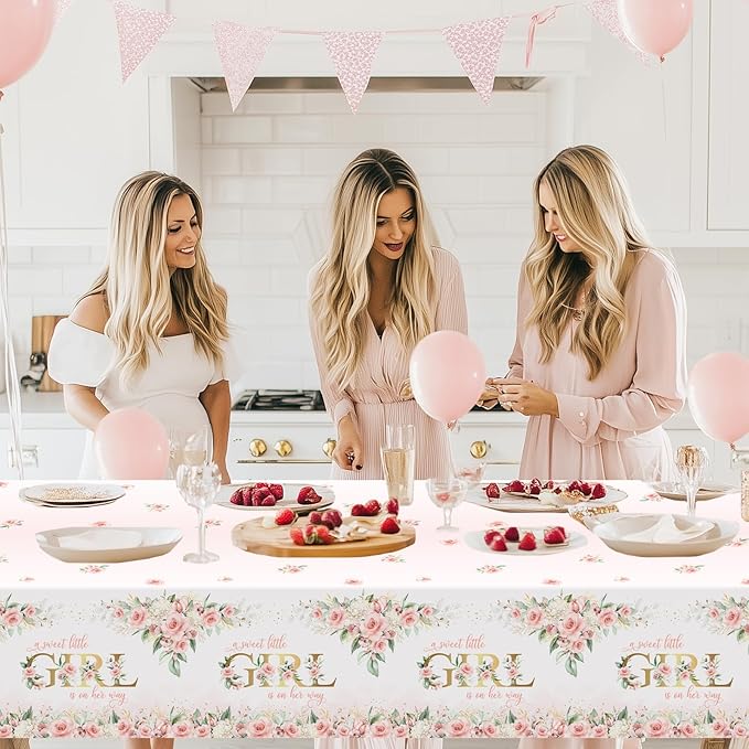 Avezano 3 pcs Girl Baby Shower Tablecloth 108x54 inch Pink Floral Baby Shower Party Tablecovers Disposable A Sweet Little Girl is on Her Way Table Cloth Plastic