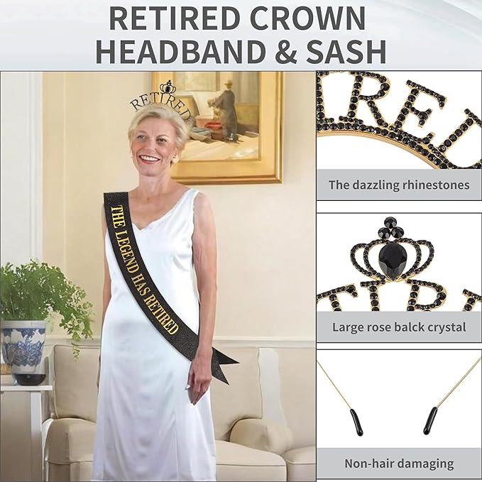 Retirement Crown Headband & Sash Set - The Legend Has Retired Retirement Party Decorations for Women Men Retirement Gifts for Women Men Retirement Party Supplies Black Glitter