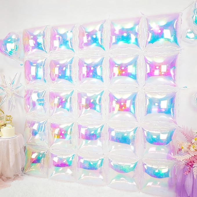 Iridescent Square Foil Balloons Wall, Double Sided Chrome Holographic Rainbow Foil Balloons Wall Backdrop, Shiny Iridescent Balloons for Wedding Anniversary Mermaid Birthday Disco Party Decorations