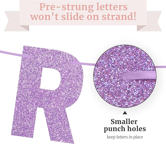Pre-strung Happy Birthday Banner - No DIY - Purple Glitter Happy Birthday Party Banner for Girls & Women - Pre-strung on 8ft Strands - Light Pastel Purple Bday Party Decorations. Did We Mention No DIY