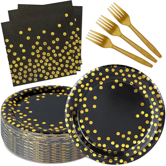 Black and Gold Paper Plates and Napkins Party Supplies,Serves 25 Guests Black Gold Plates and Napkins,Disposable Paper Tableware Set for Birthday Graduation Retirement Decorations