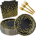 Black and Gold Paper Plates and Napkins Party Supplies,Serves 25 Guests Black Gold Plates and Napkins,Disposable Paper Tableware Set for Birthday Graduation Retirement Decorations
