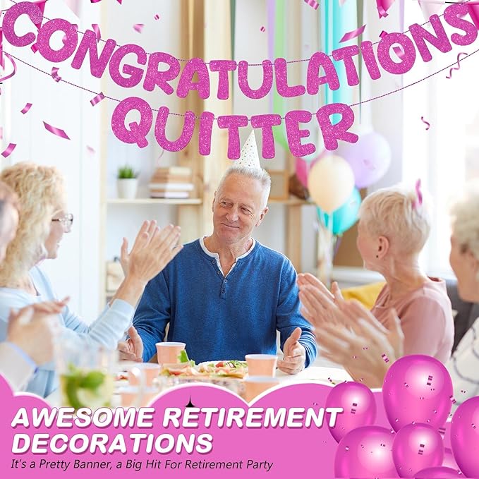 Fulmoon Pre Strung Congratulations Quitter Glitter Banner Funny Retirement Banner Graduation Party Decorations Going Away Supplies Garland for Men Women Gifts, No DIY(Rose Red)