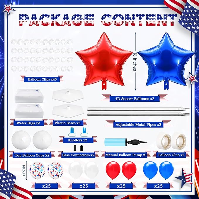 Kasyat 2 Sets 4th of July Balloon Column Stand Kit with Foil Star Balloons Blue and Red White Arch Kit for Floor for Patriotic Memorial Day 250th Anniversary Independence Day Decorations