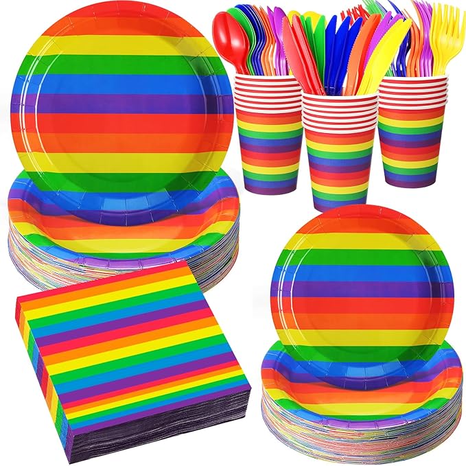 Party Decorations Supplies Paper Plates Napkins and Cups Cutlery (400, Rainbow, Pride)