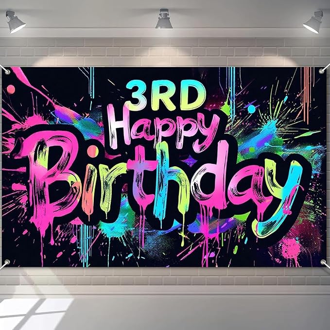 Neon 3rd Happy Birthday Banner 71x43 Inch Paint Splatter Glow in The Dark Wall Decor for Kids Boys Girls Birthday Party Photo Booth Background Supplies and Celebration Decorations