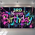 Neon 3rd Happy Birthday Banner 71x43 Inch Paint Splatter Glow in The Dark Wall Decor for Kids Boys Girls Birthday Party Photo Booth Background Supplies and Celebration Decorations