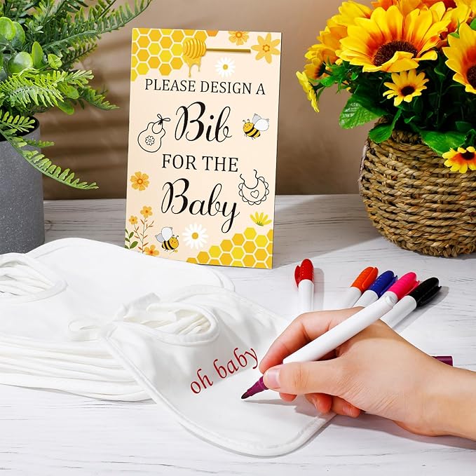 Panitay 43 Pcs Baby Shower Games White Bibs Design, Include Wooden Baby Shower Game Sign, 30 DIY Blank White Bibs, 12 Markers for Gender Reveal Party Decorating Supplies(Honeycomb)
