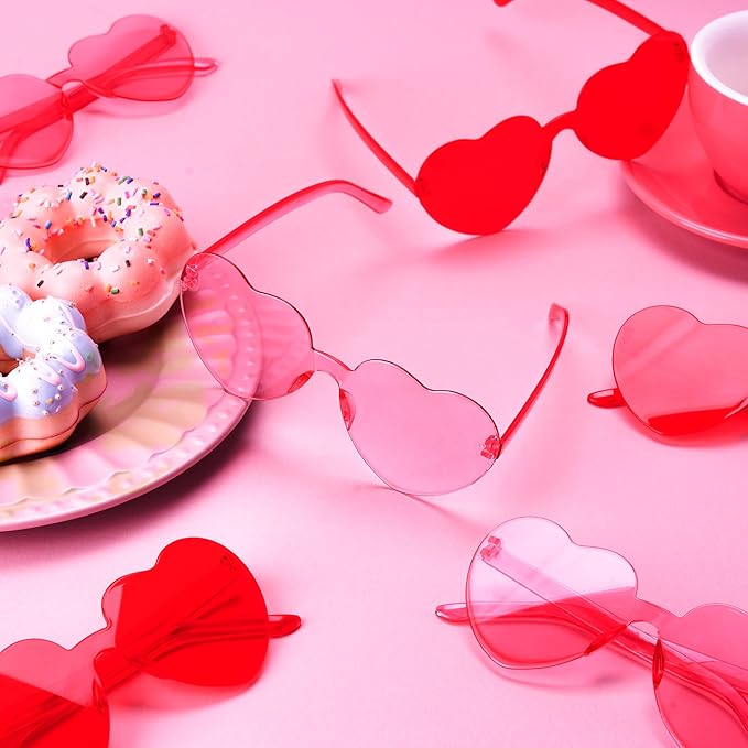 JOYIN 6 Pcs Valentine's Day Heart Shape Glasses, Rimless Sunglasses, Stylish and Safe Eyewear in Red and pink, Party Favor, Rainbow Sunglasses Candy Color Rimless Glasses for Women and Girl
