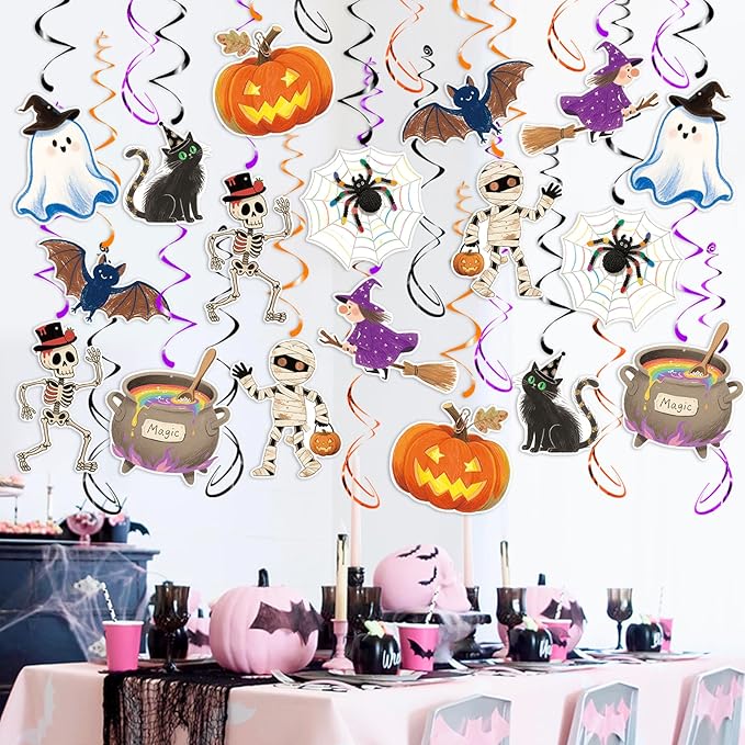 Halloween Hanging Swirls, 48Pcs Halloween Ceiling Hanging Decorations Ghost Pumpkin Witches Swirls Streamers for Indoor Outdoor Party Supplies