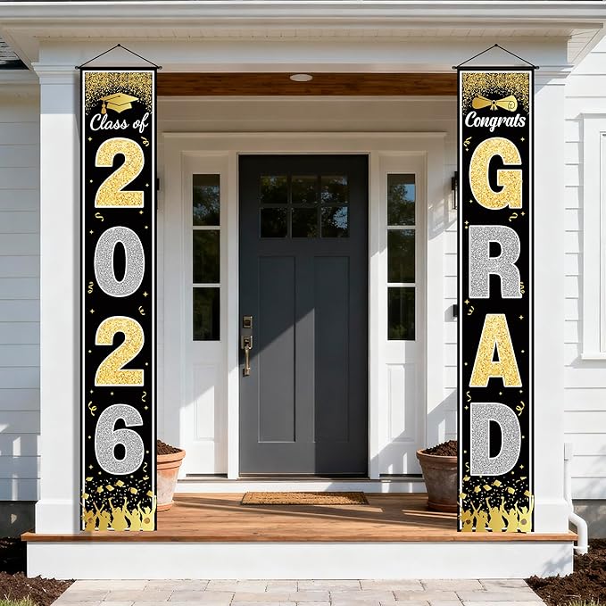 OHOME Graduation Decorations 2026 - Black Gold Congrats Grad Porch Banner for Graduation Party Decorations - Class of 2026 - Party Favors Supplies Backdrop Yard Signs Decor (Black)