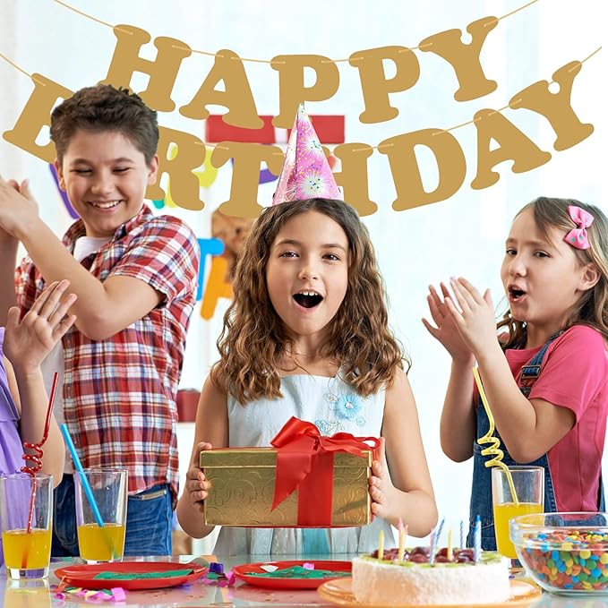 Gold Happy Birthday Banner Birthday Sign Backdrop Party Supplies for Kids Boys Girls Birthday Party Decorations