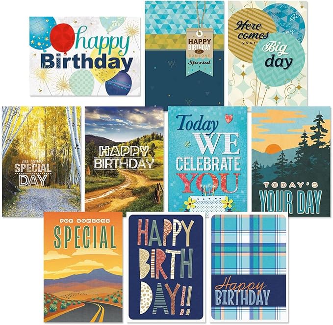 Current For Him Birthday Greeting Cards Value Pack - Set of 20, 10 Unique Designs, Large 5 x 7 Inch Cards, Sentiments Inside, Envelopes Included