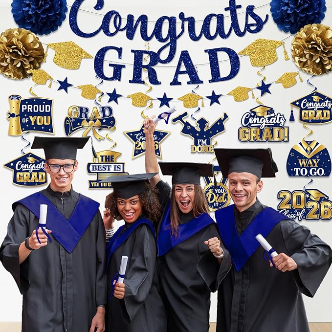 Navy Blue Graduation Decorations, Glitter Congrats Grad Banner Hanging Swirls and Tissue Pom Poms, Navy Blue and Gold Graduation Decorations for Class of 2026 College Graduations Party Decorations