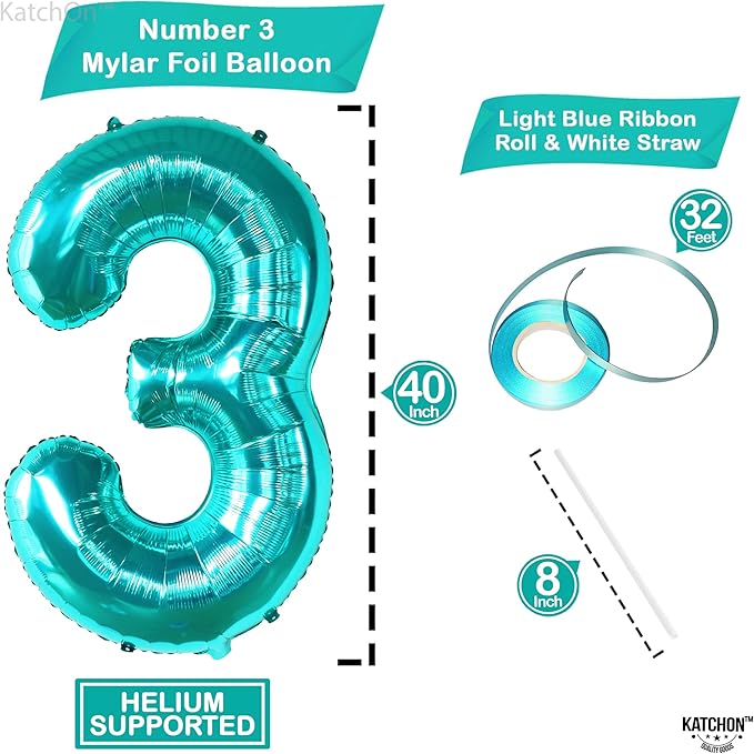 KatchOn, Teal Number 3 Balloon - Large, 40 Inch | Teal Blue 3 Balloon Number, Mermaid 3rd Birthday Decorations | Mermaid Birthday Decorations, Under The Sea Party Decorations