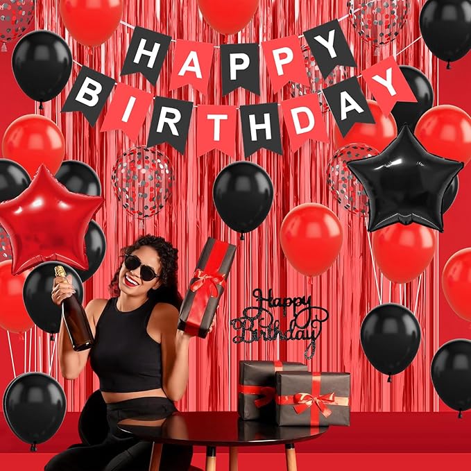 Red and Black Party Decorations for Men Women Boys Girls, Red Black Confetti Balloons 'HAPPY BIRTHDAY' Banner Fringe Curtains Foil Balloons Cake Topper for Birthday Party Decor