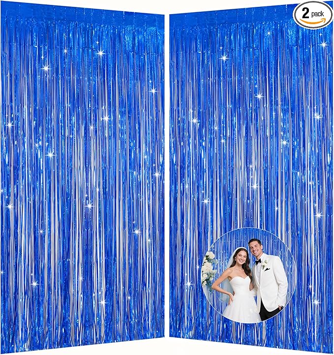 Navy Blue Foil Fringe Backdrop for Party Wall Decorations, Streamer Birthday Photoshoot Background - 3.28 x 6.56ft Tinsel Curtains for Doorway, Baby Shower & Wedding