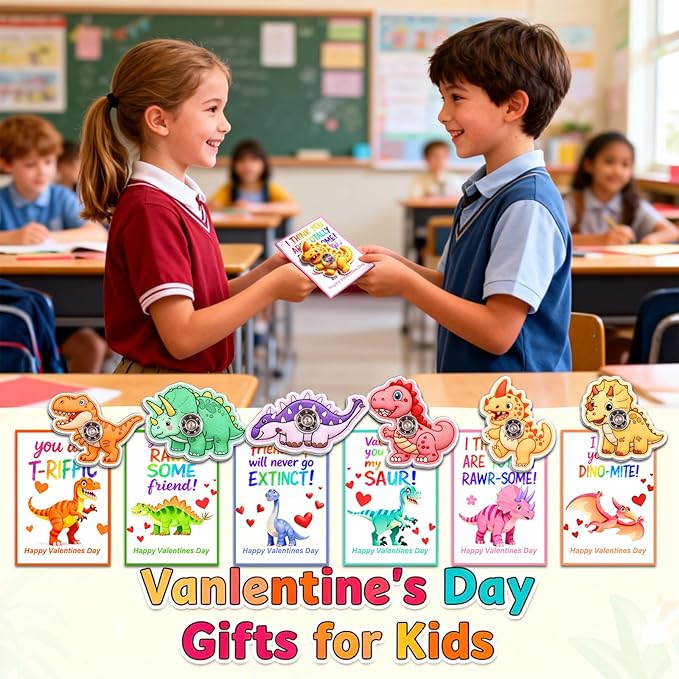 Valentines Day Gifts for Kids, 24 Pack Valentines Day Cards with 24 Dinosaur Fidget Spinners, Valentines Day Gifts Exchange for Kids, Valentines Gifts Party Favors for Classroom School