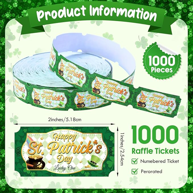 Cholemy 1000 Pcs St. Patrick's Day Party Favors Shamrocks Raffle Tickets Roll Green Numbered Door Drinks Game Ticket for Irish Saint Patty's Day Carnival Party Decorations Supplies(st. Patrick's Day)