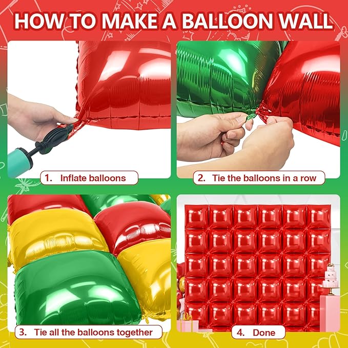 NISOCY 48PCS Red Green Gold Square Foil Balloons Wall Backdrop Double Sided Red Green Gold Balloons Arch Kit for Birthday Christmas New Year’s Graduation Anniversary Wedding Party Decorations