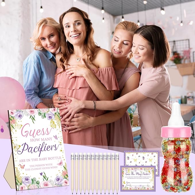 Syhood Butterfly Baby Shower Games Guess How Many Pacifiers Game Sign 50 Small Guessing Games 20 HB Pencils 750 ml Milk Bottle 400 Acrylic Pacifiers Decorations Guests Gender Reveal Party Favors