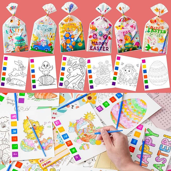 Rotu Easter Basket Stuffers Essentials 30 Packs(274Pcs) Mess Free Watercolor Coloring Books with Easter Cards for Kids, Easter Classroom Gifts for Kids Crafts Games Party Favors for Kids