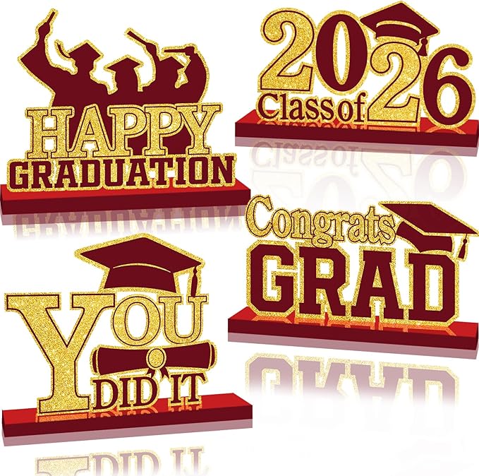 4Pcs Graduation Decorations Class of 2026 Wood Table Centerpieces Congrats Grad Wooden Sign Graduation Table Toppers Congratulate Tiered Tray Decor for 2026 Graduation Party (Maroon-Gold)