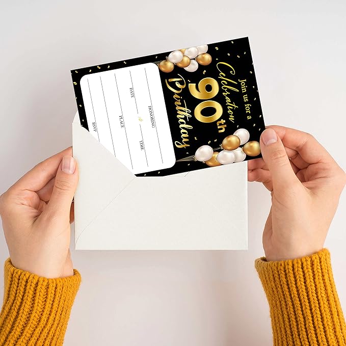 90th Birthday Invitation Cards with Envelopes - Classic Gold Theme Fill in The Blank Birthday Party Invite Cards, for Man, Woman Entertain Banquet Party Supplies, 20 Invites With Envelopes - B22