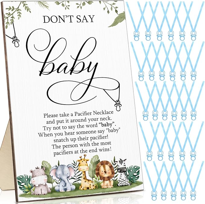 Geetery 51 Pcs Don't Say Baby Game Sign Cool Baby Shower Game 50 Pacifier Necklace Wooden Don't Say Sign Plastic Pacifier Party Favor for Gender Reveal(Animal,Blue)