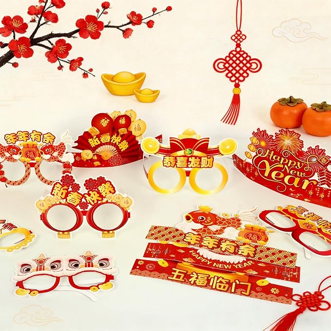 YVAINE 24pcs Chinese New Year Photo Props Party Supplies, 2026 Lunar New Year Crown Hats and Paper Eyeglasses for Year of The Horse 2026 Spring Festival Party Supplies
