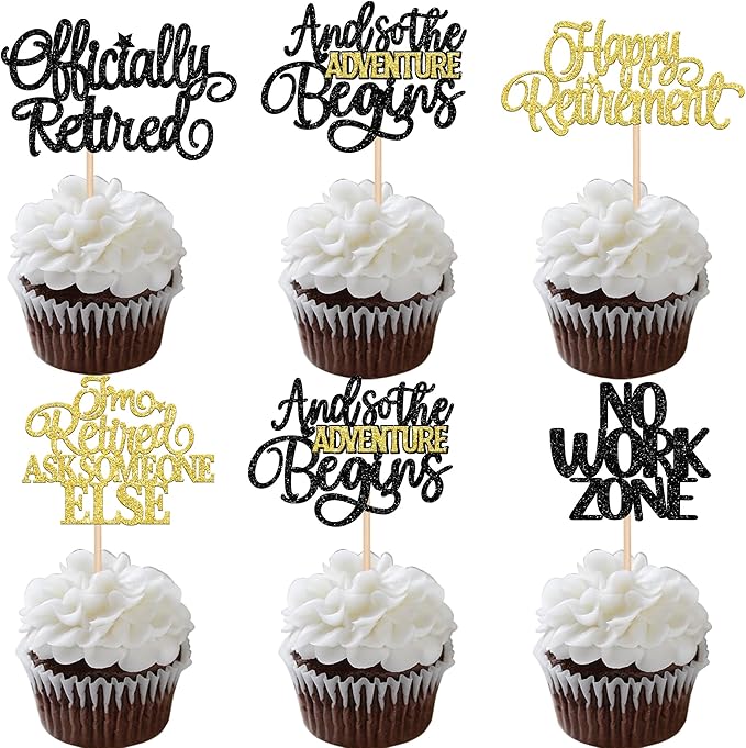 30 PCS Happy Retirement Cupcake Toppers Officially Retired Cupcake Picks No Work Zone Adventure Begins Cake Decorations for Retirement Theme Farewell Birthday Party Supplies Black Gold