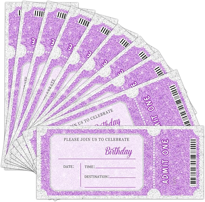 Purple Glitter Birthday Invitation Ticket, Purple Glitter Birthday Invitation for Teen Adult, 20 Pink Ticket With Envelopes, 3.5 x 8" Double-Sided Fill In Birthday Party Personalized Invites Cards - C