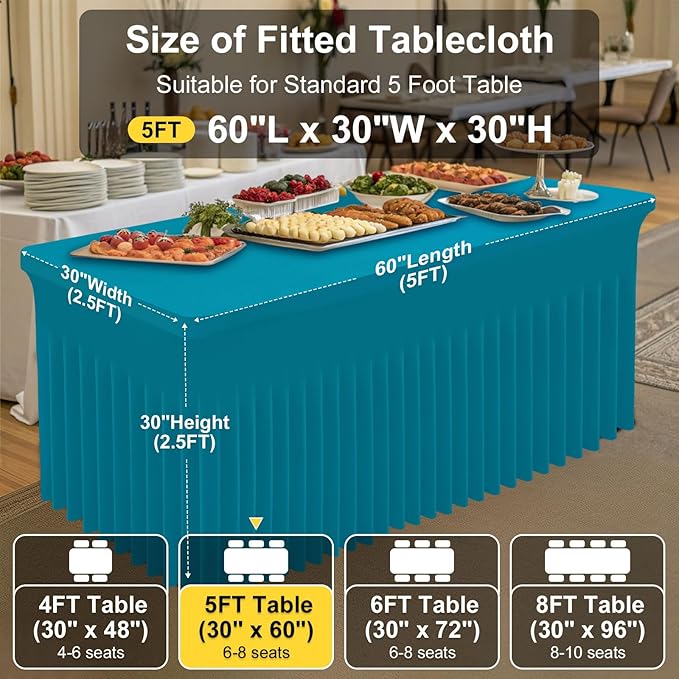 Smiry Spandex Tablecloth, Elastic Fitted Stretch Tablecloth for 5FT Rectangle Tables, Waterproof Washable Table Cover Skirt for Outdoor, Wedding, Banquet & Parties (Turquoise, 60Lx30Wx30H Inch)