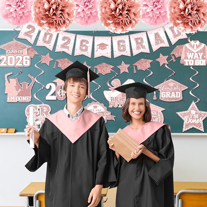 2026 Pink Graduation Decorations, 2026 Grad Banner and Congrats Grad Hanging Swirls, Rose Gold Graduation Banner Graduations Hanging Swirls College Graduations Party Decorations Class of 2026