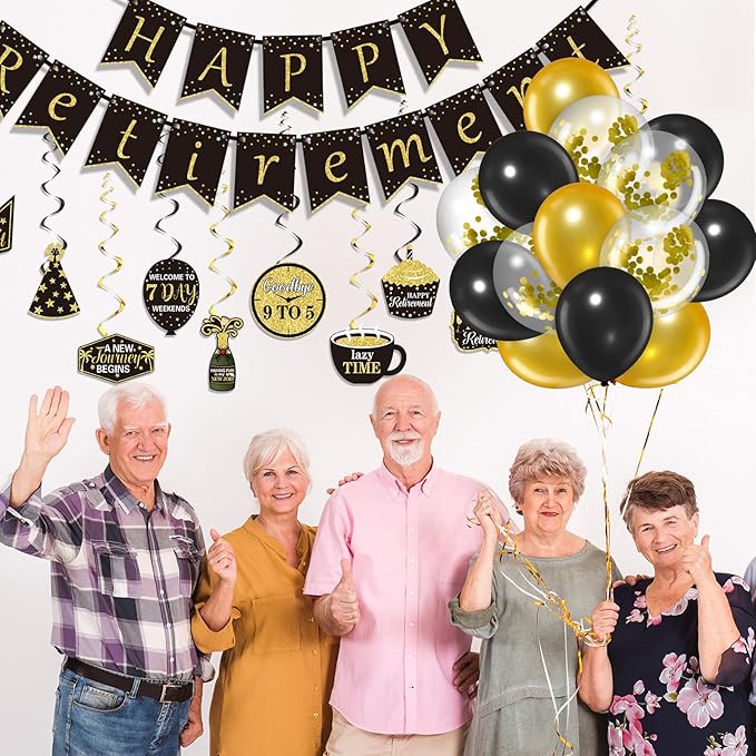 Tenare 44 Pcs Retirement Party Decor Kit: Banner, Swirls, Balloons & Ribbons (Black and Gold)