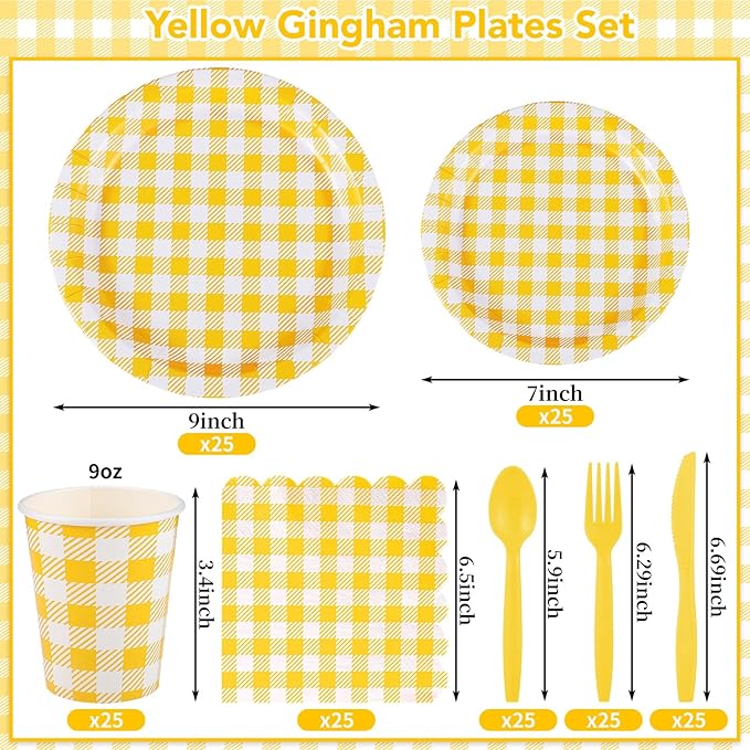175 Pcs Gingham Party Supplies Include Yellow Gingham Plates and Napkins Cups Plastic Cutlery Disposable Yellow Checkered Plates Set for Easter, Picnic, Baby Shower, Golf Party