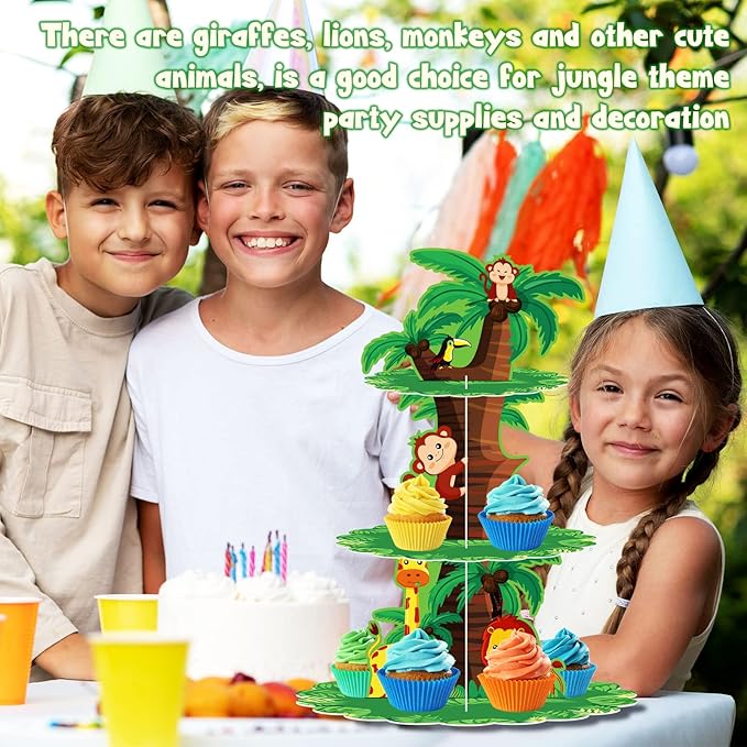 Safari Birthday Decorations 3 Tier Jungle Baby Shower Cupcake Stand Wild One Birthday Table Decor for Boys Lion Party Safari Zoo Party Favor Supplies