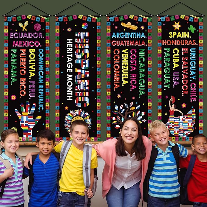 Panelee 4 Pcs Hispanic Heritage Month Decorations National Hispanic Heritage Month Banner Latin American Porch Signs Spanish Classroom Decor for Classroom Home Wall Indoor Outdoor Hanging Backdrop