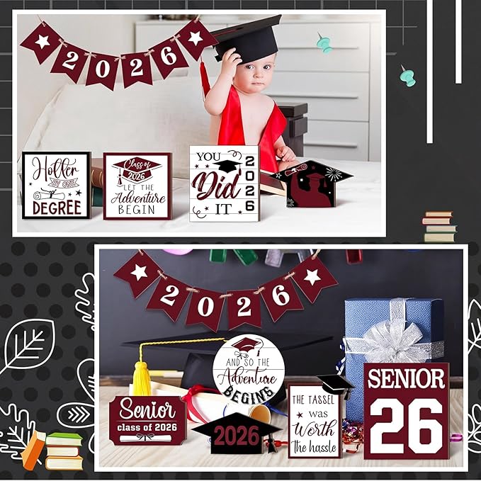22 Pcs 2026 Graduation Tiered Tray Decor Sets Wooden Graduation Class of 2026 Table Decorations Senior 2026 Gown Diploma Farmhouse Signs for Home Shelf Party Office Desk(Dark Red)